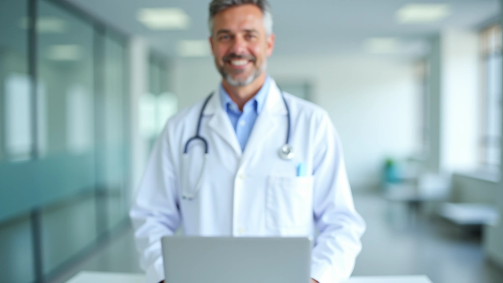 Arzt erklärt Befund anhand eines Monitors, moderne Klinik, klares Licht, professionelle Szenerie