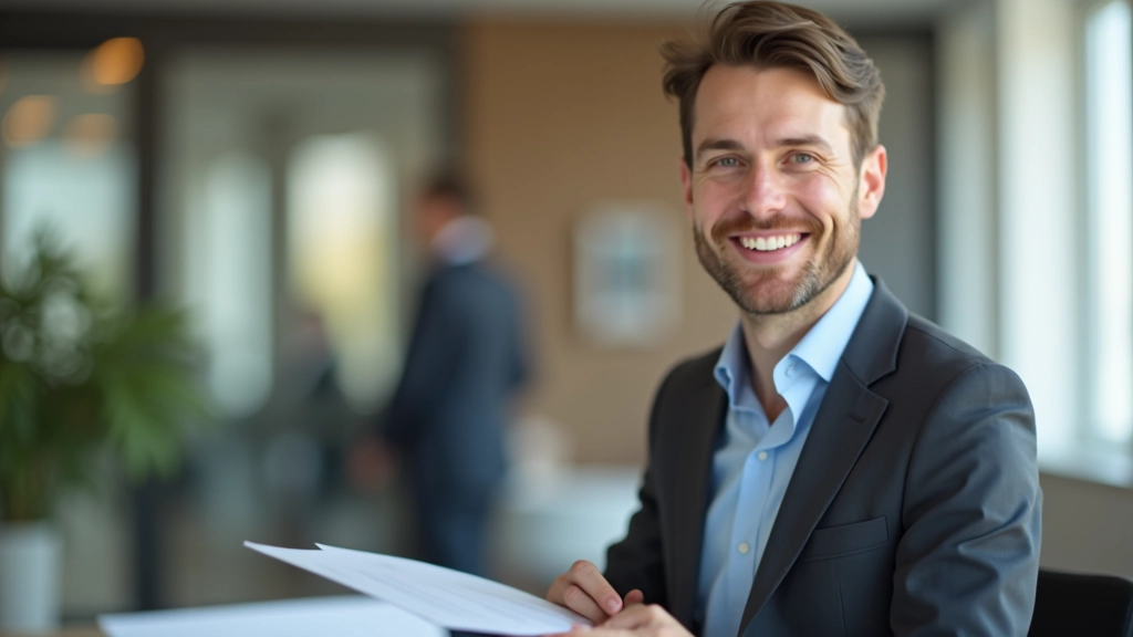 Versicherungsberater in modernem Büro mit Dokumenten und Taschenrechner, freundliches Gesicht, warme Beleuchtung