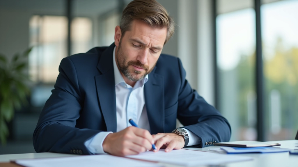 Finanzberater bei der Besprechung von Versicherungsoptionen mit Klient, professionelles Büroambiente