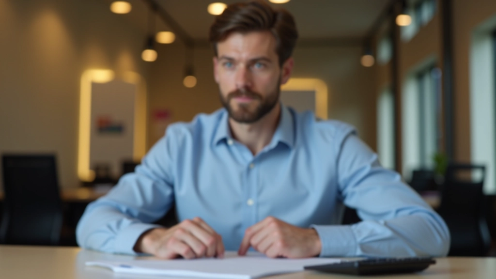 Geschäftsmann sitzt an Schreibtisch und plant Finanzentscheidungen mit Dokumenten und Kalkulator