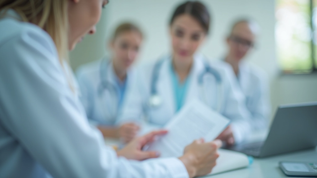 Patient beim Ausfüllen von Gesundheitsfragebogen mit Arzt im Hintergrund