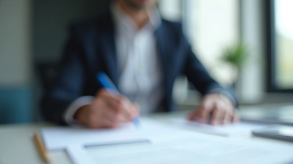 Person füllt medizinisches Formular aus, Schreibtisch mit Dokumenten und Stift, helles Bürolicht, klarer Fokus