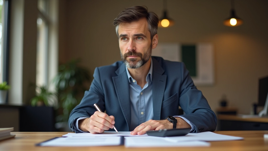 Person am Schreibtisch mit Versicherungsdokumenten und Notizen zur Berufsunfähigkeitsversicherung