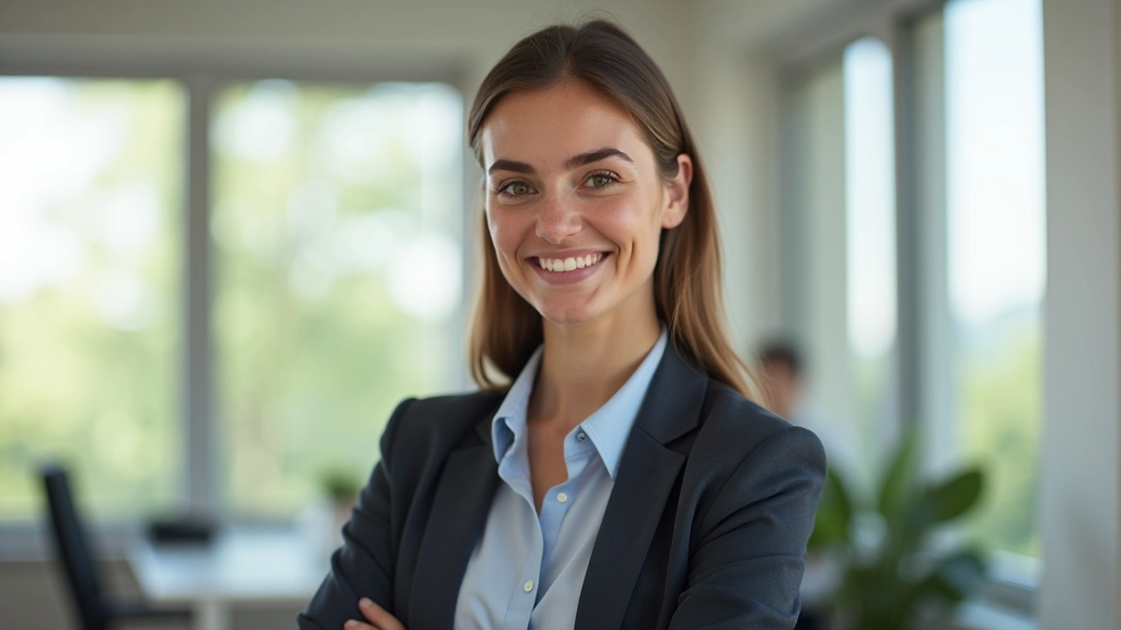 Professionelle Frau im Büro, die zuversichtlich nach vorne schaut und ihre Karriereziele plant