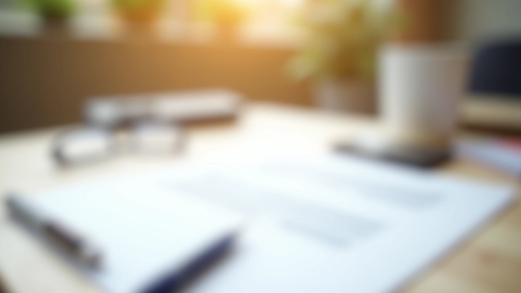 Schreibtisch mit Versicherungsdokumenten, Stift und Glas Wasser, warme Beleuchtung